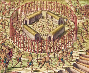 "Americae Tertia Pars", angrepp på byn av Tuppinjkinsij (sidan 364), 1562 (färggravyr)